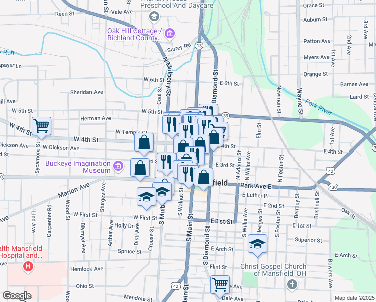 map of restaurants, bars, coffee shops, grocery stores, and more near 23 West 4th Street in Mansfield