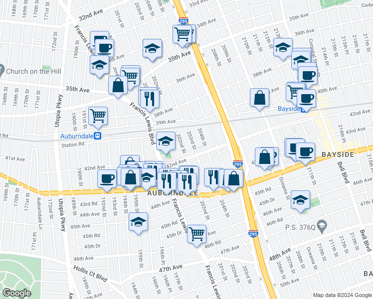 map of restaurants, bars, coffee shops, grocery stores, and more near 40-39 202nd Street in Queens