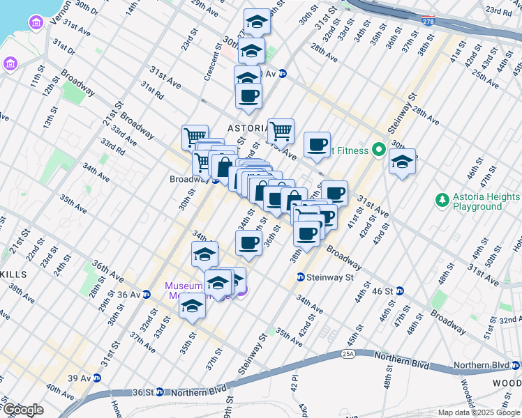 map of restaurants, bars, coffee shops, grocery stores, and more near 3403 Broadway in Queens