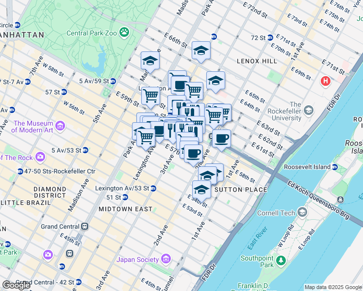 map of restaurants, bars, coffee shops, grocery stores, and more near 969 3rd Avenue in New York