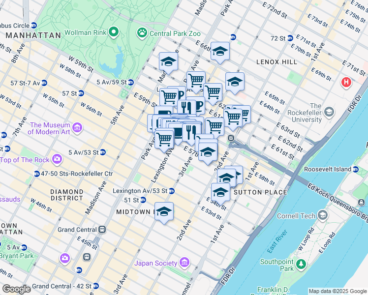 map of restaurants, bars, coffee shops, grocery stores, and more near 150 East 58th Street in New York