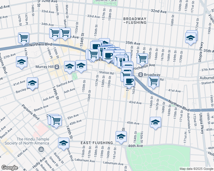 map of restaurants, bars, coffee shops, grocery stores, and more near 158-0 Sanford Avenue in Queens