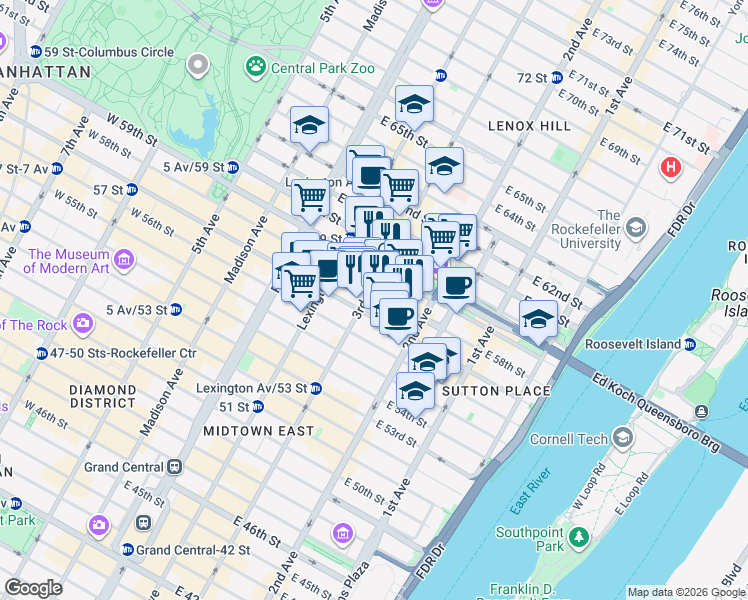 map of restaurants, bars, coffee shops, grocery stores, and more near 200 East 58th Street in New York