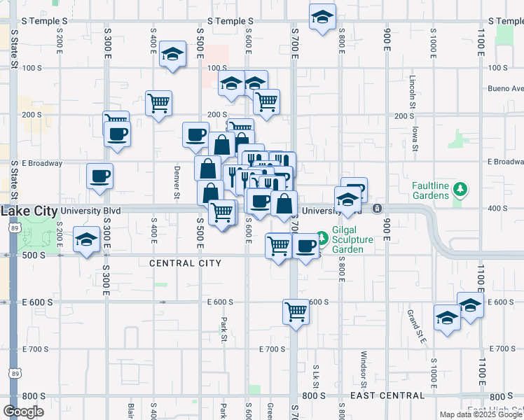 map of restaurants, bars, coffee shops, grocery stores, and more near 624 East 400 South in Salt Lake City