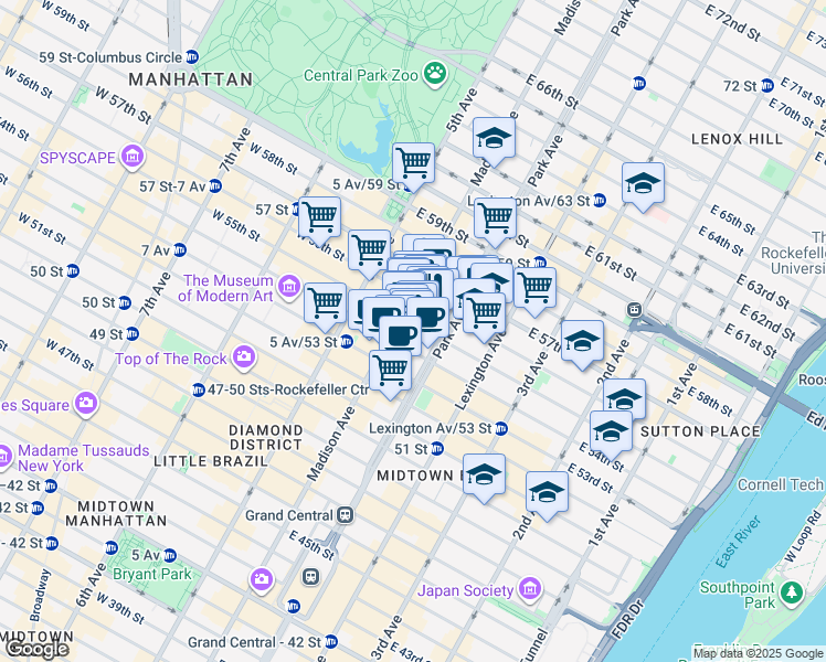 map of restaurants, bars, coffee shops, grocery stores, and more near 57 East 55th Street in New York
