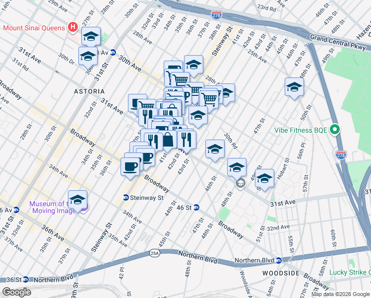 map of restaurants, bars, coffee shops, grocery stores, and more near 425 31st Avenue in Queens