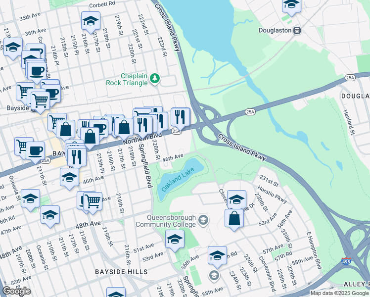 map of restaurants, bars, coffee shops, grocery stores, and more near 220-55 46th Avenue in Queens