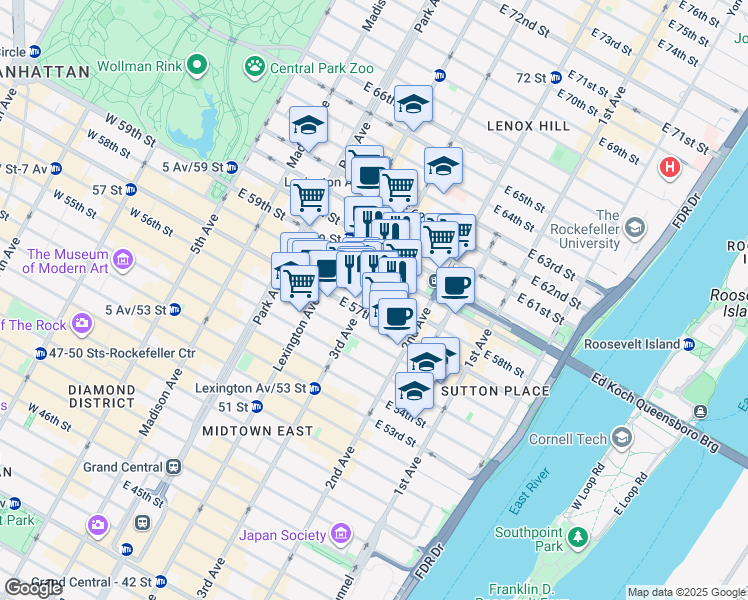 map of restaurants, bars, coffee shops, grocery stores, and more near 969 3rd Avenue in New York