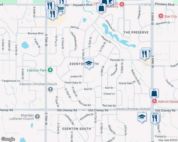map of restaurants, bars, coffee shops, grocery stores, and more near 5200 South 75th Street in Lincoln