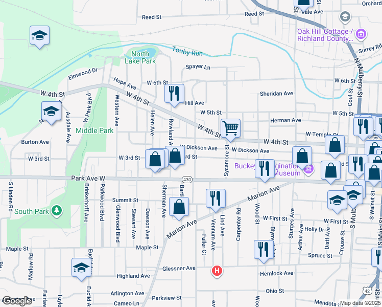 map of restaurants, bars, coffee shops, grocery stores, and more near 65 Penn Avenue in Mansfield