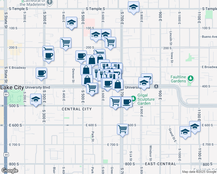 map of restaurants, bars, coffee shops, grocery stores, and more near 613 East 400 South in Salt Lake City