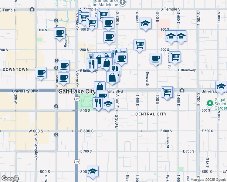 map of restaurants, bars, coffee shops, grocery stores, and more near 255 East 400 South in Salt Lake City