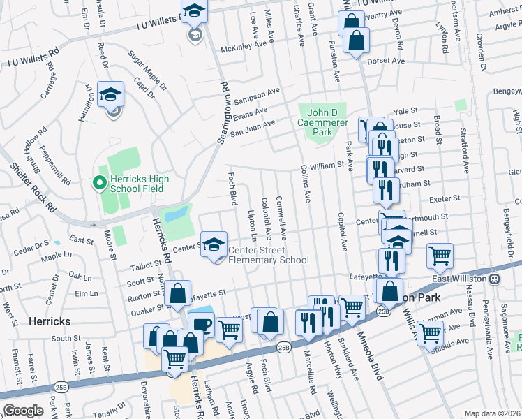map of restaurants, bars, coffee shops, grocery stores, and more near 87 Lipton Lane in Williston Park