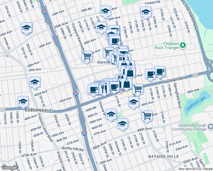 map of restaurants, bars, coffee shops, grocery stores, and more near 210-1 43rd Avenue in Queens