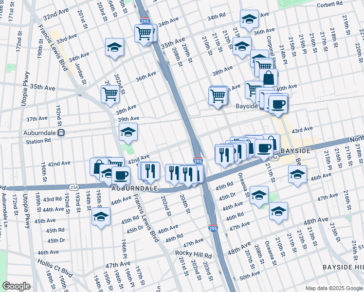 map of restaurants, bars, coffee shops, grocery stores, and more near 40-44 Clearview Expressway in Queens