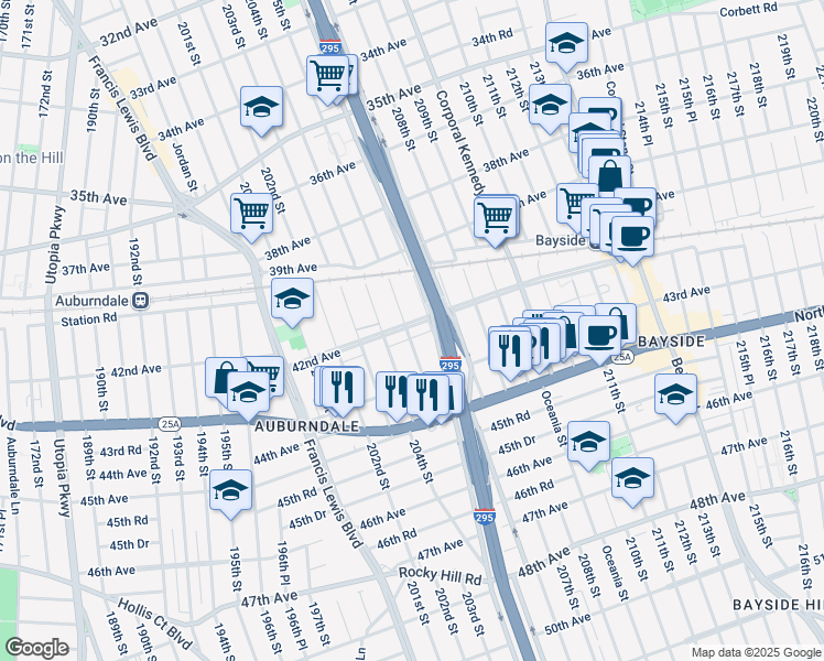 map of restaurants, bars, coffee shops, grocery stores, and more near 40-44 Clearview Expressway in Queens