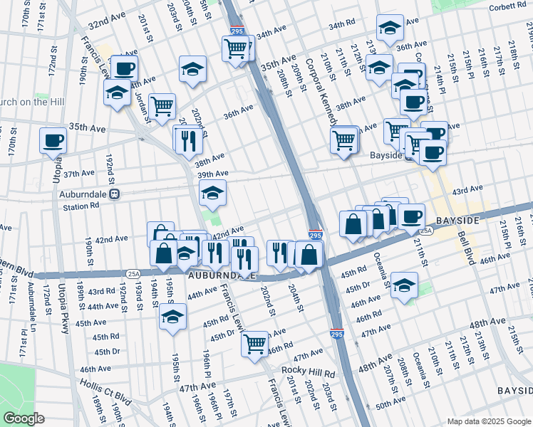 map of restaurants, bars, coffee shops, grocery stores, and more near 40-37 204th Street in Queens