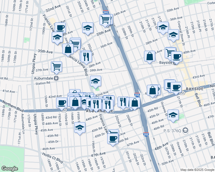 map of restaurants, bars, coffee shops, grocery stores, and more near 40-37 202nd Street in Queens