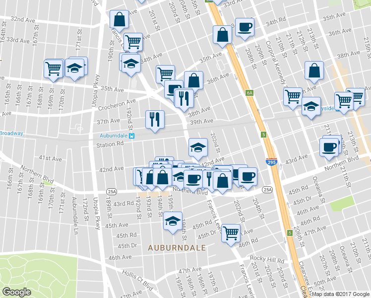 map of restaurants, bars, coffee shops, grocery stores, and more near 40-9-40-11 Francis Lewis Boulevard in Queens
