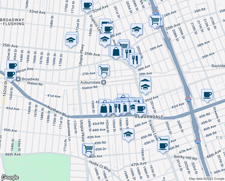 map of restaurants, bars, coffee shops, grocery stores, and more near 194-02 Station Road in Queens