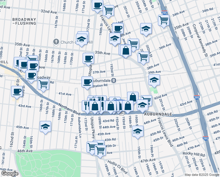 map of restaurants, bars, coffee shops, grocery stores, and more near 19067 Station Road in Queens