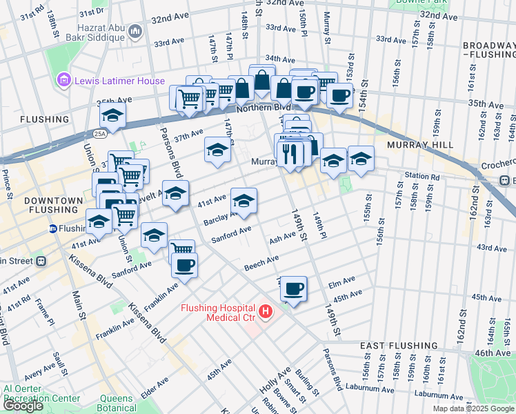 map of restaurants, bars, coffee shops, grocery stores, and more near 41-16 147th Street in Queens