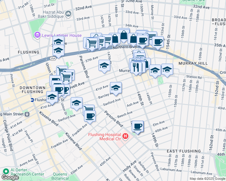 map of restaurants, bars, coffee shops, grocery stores, and more near 41-16 147th Street in Queens