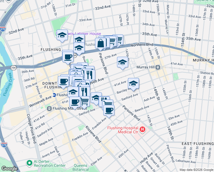 map of restaurants, bars, coffee shops, grocery stores, and more near 143-40 Roosevelt Avenue in Queens