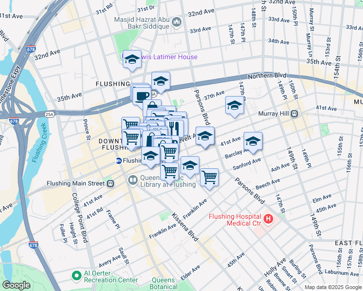 map of restaurants, bars, coffee shops, grocery stores, and more near 143-8 Roosevelt Avenue in Queens