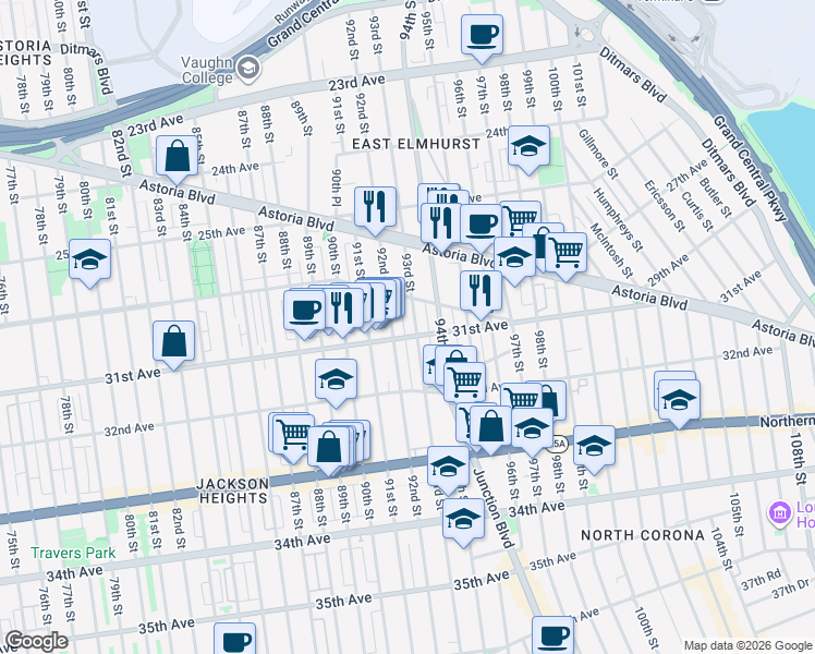 map of restaurants, bars, coffee shops, grocery stores, and more near 30-19 92nd Street in Queens