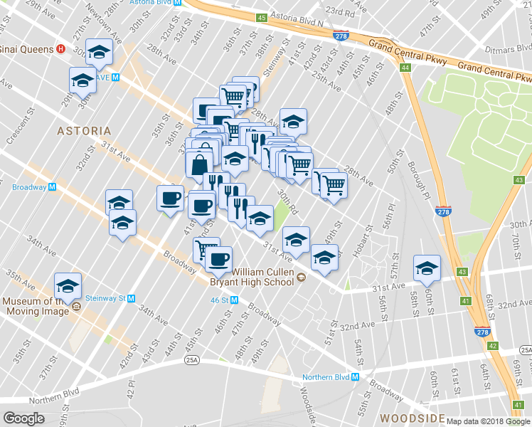 map of restaurants, bars, coffee shops, grocery stores, and more near 30-49 44th Street in Queens