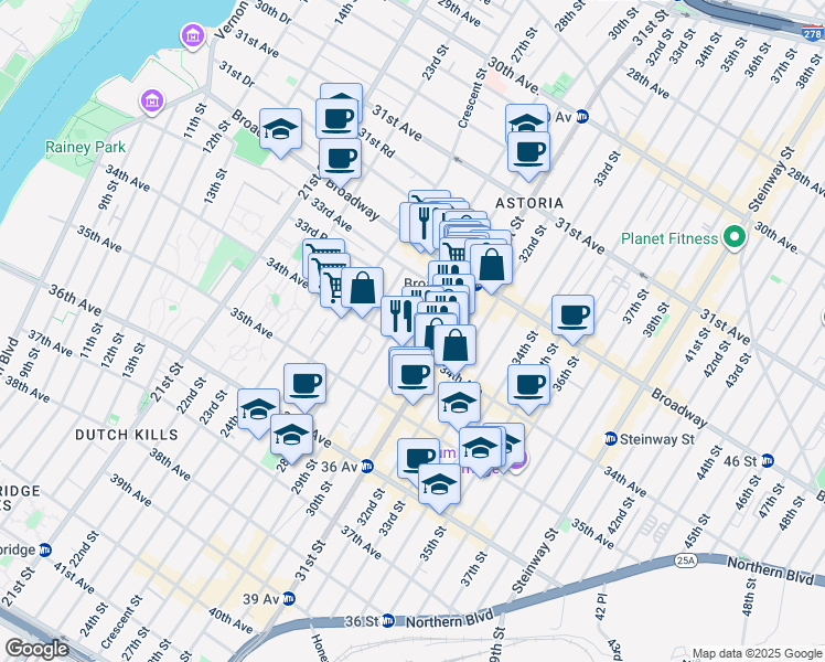 map of restaurants, bars, coffee shops, grocery stores, and more near 32-58 30th Street in Queens