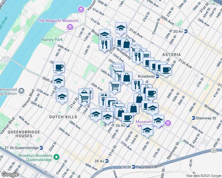 map of restaurants, bars, coffee shops, grocery stores, and more near 34-25 24th Street in Queens