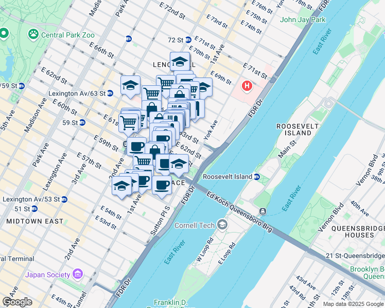 map of restaurants, bars, coffee shops, grocery stores, and more near 425 East 61st Street in New York