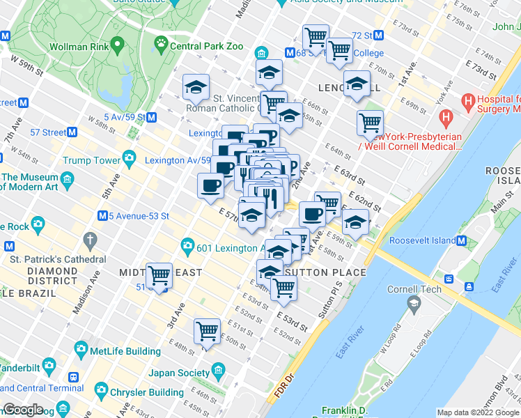 map of restaurants, bars, coffee shops, grocery stores, and more near 979 3rd Avenue in New York