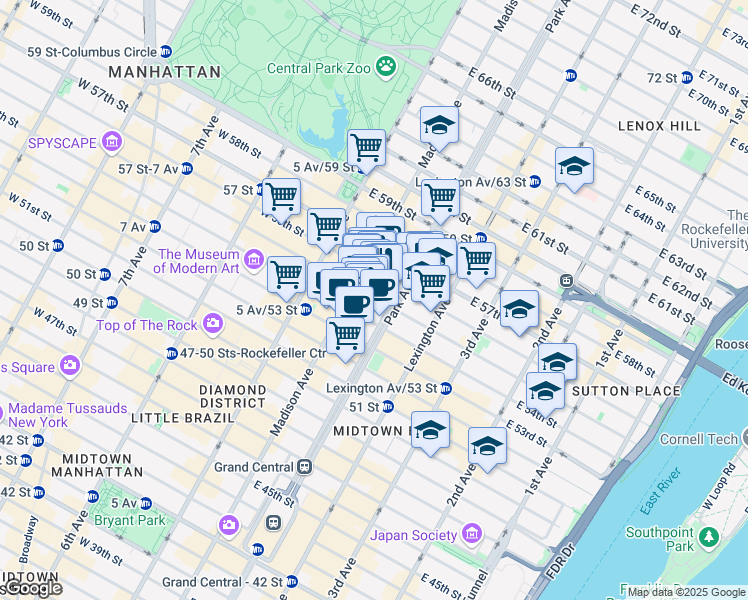 map of restaurants, bars, coffee shops, grocery stores, and more near 57 East 55th Street in New York