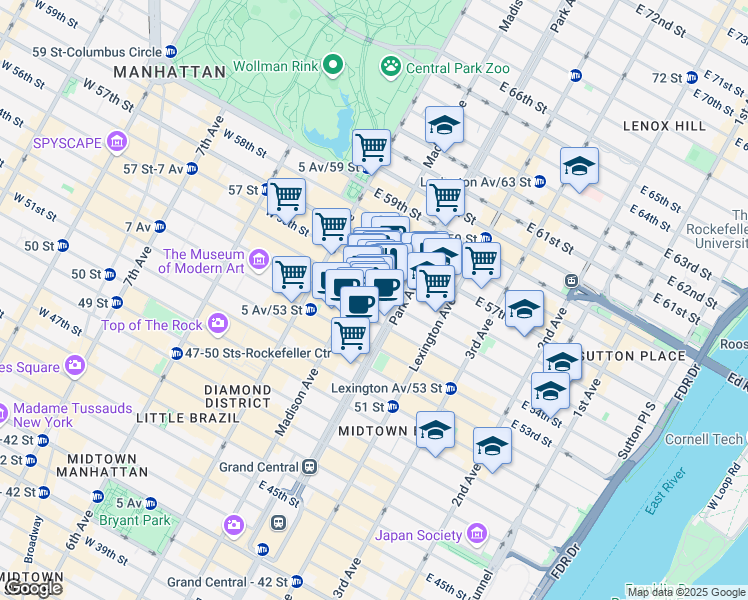 map of restaurants, bars, coffee shops, grocery stores, and more near 57 East 55th Street in New York