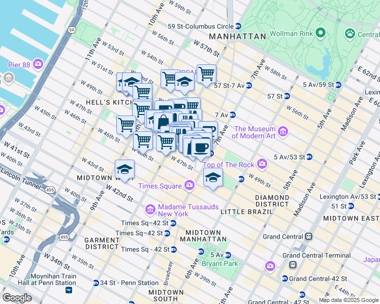 map of restaurants, bars, coffee shops, grocery stores, and more near 227 West 48th Street in New York