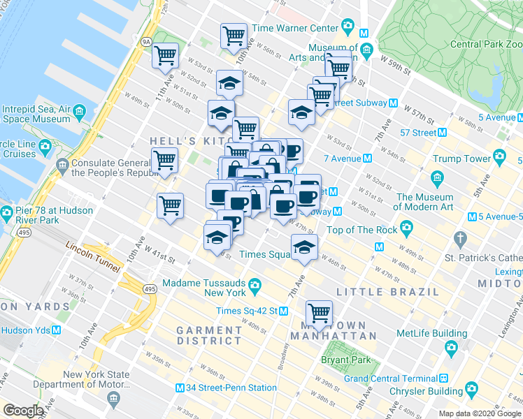 map of restaurants, bars, coffee shops, grocery stores, and more near 343 West 47th Street in New York