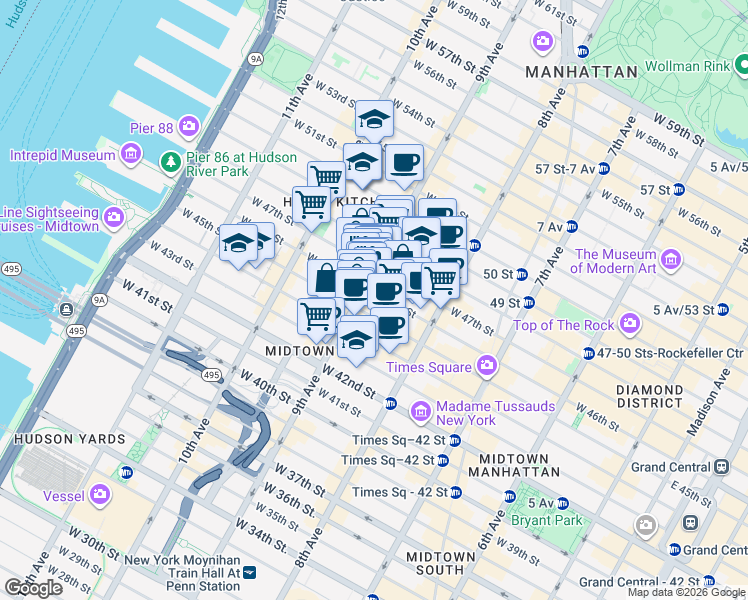 map of restaurants, bars, coffee shops, grocery stores, and more near in New York