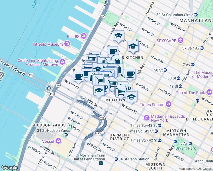 map of restaurants, bars, coffee shops, grocery stores, and more near 595 10th Avenue in New York