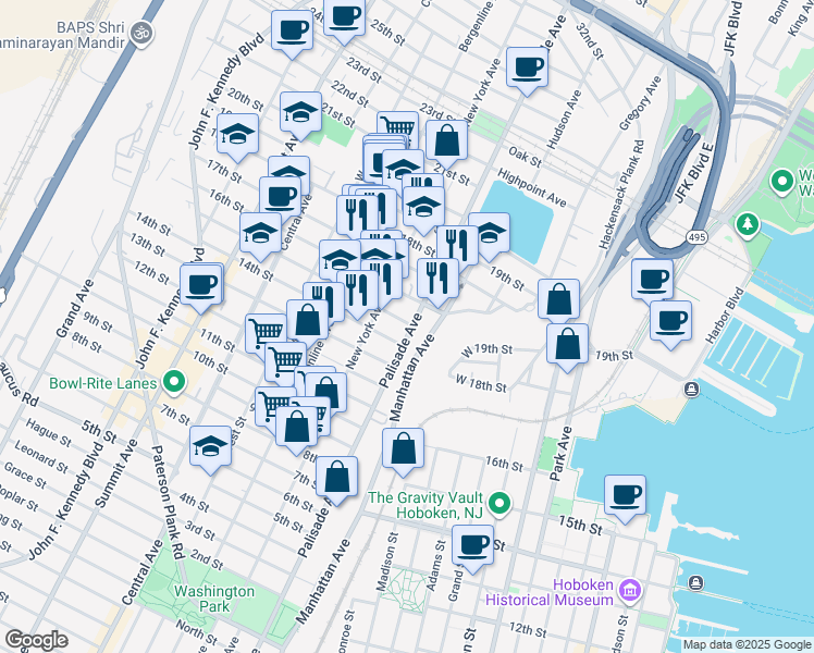 map of restaurants, bars, coffee shops, grocery stores, and more near 308 15th Street in Union City
