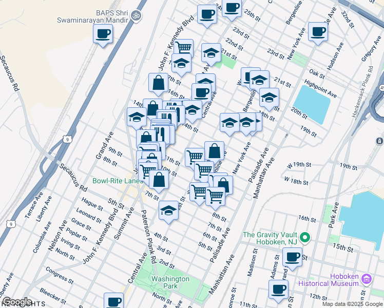 map of restaurants, bars, coffee shops, grocery stores, and more near 1215 Central Avenue in Union City