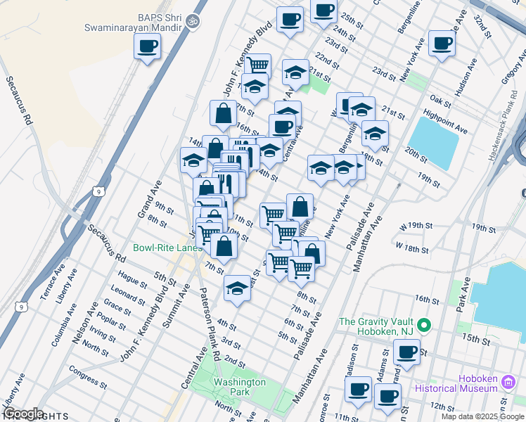 map of restaurants, bars, coffee shops, grocery stores, and more near 1215 Central Avenue in Union City