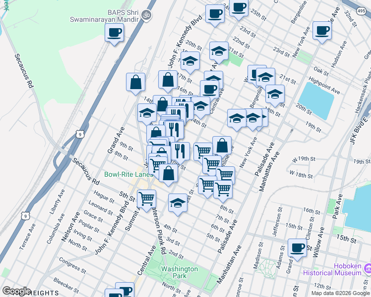 map of restaurants, bars, coffee shops, grocery stores, and more near 1215 Summit Avenue in Union City