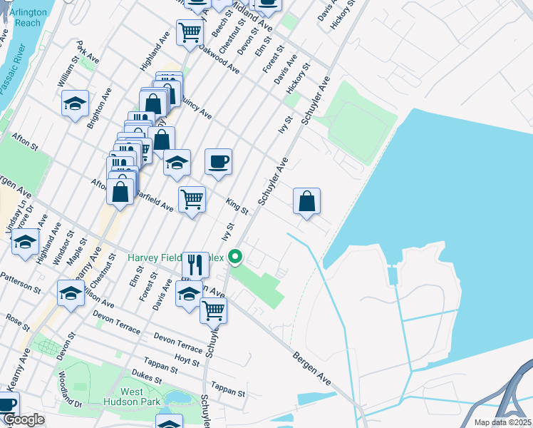 map of restaurants, bars, coffee shops, grocery stores, and more near 358 Schuyler Avenue in Kearny