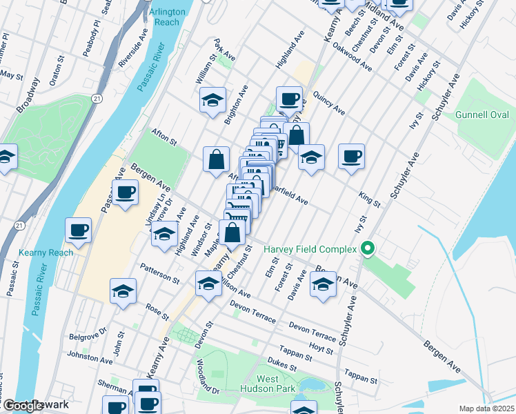 map of restaurants, bars, coffee shops, grocery stores, and more near 289 Kearny Avenue in Kearny
