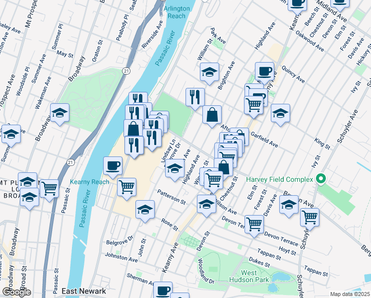 map of restaurants, bars, coffee shops, grocery stores, and more near 264 Belgrove Drive in Kearny