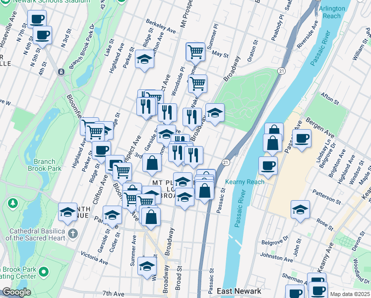 map of restaurants, bars, coffee shops, grocery stores, and more near 298 Broadway in Newark