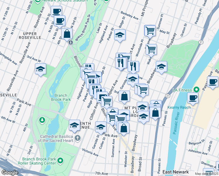 map of restaurants, bars, coffee shops, grocery stores, and more near 272 Mount Prospect Avenue in Newark